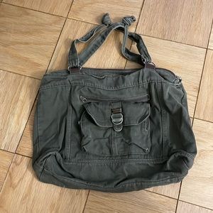 Camo green zippered tote with outside zipped pockets